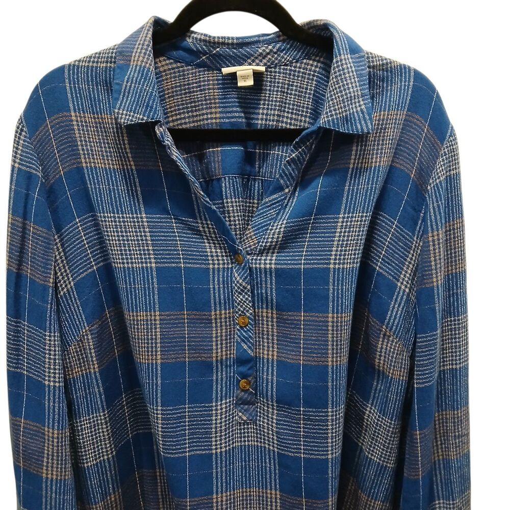J Jill Womens XL Tunic Top Shirt Blue Plaid Henley Popover Long Sleeve Casual - Picture 2 of 13